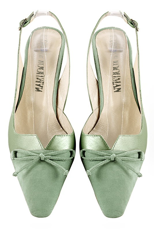 Mint green women's open back shoes, with a knot. Tapered toe. Low kitten heels. Top view - Florence KOOIJMAN